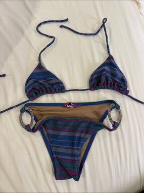 Striped Blue & Purple Triangle Bikini with Decorative Rings